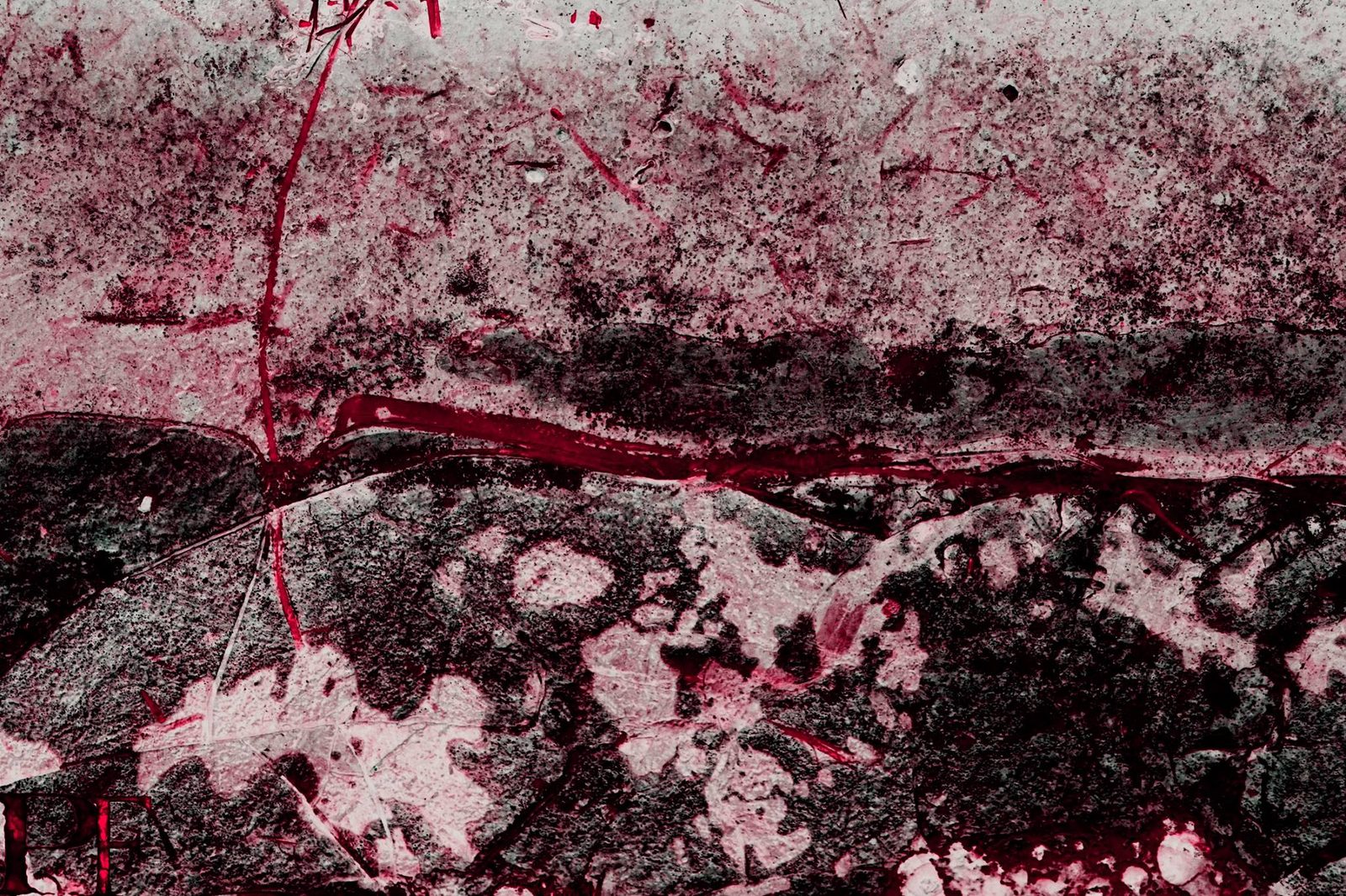 Bleed Map — Lancaster County. Concrete, stain, a red that reads like a river from the air. Ground as aerial. PF in the corner.