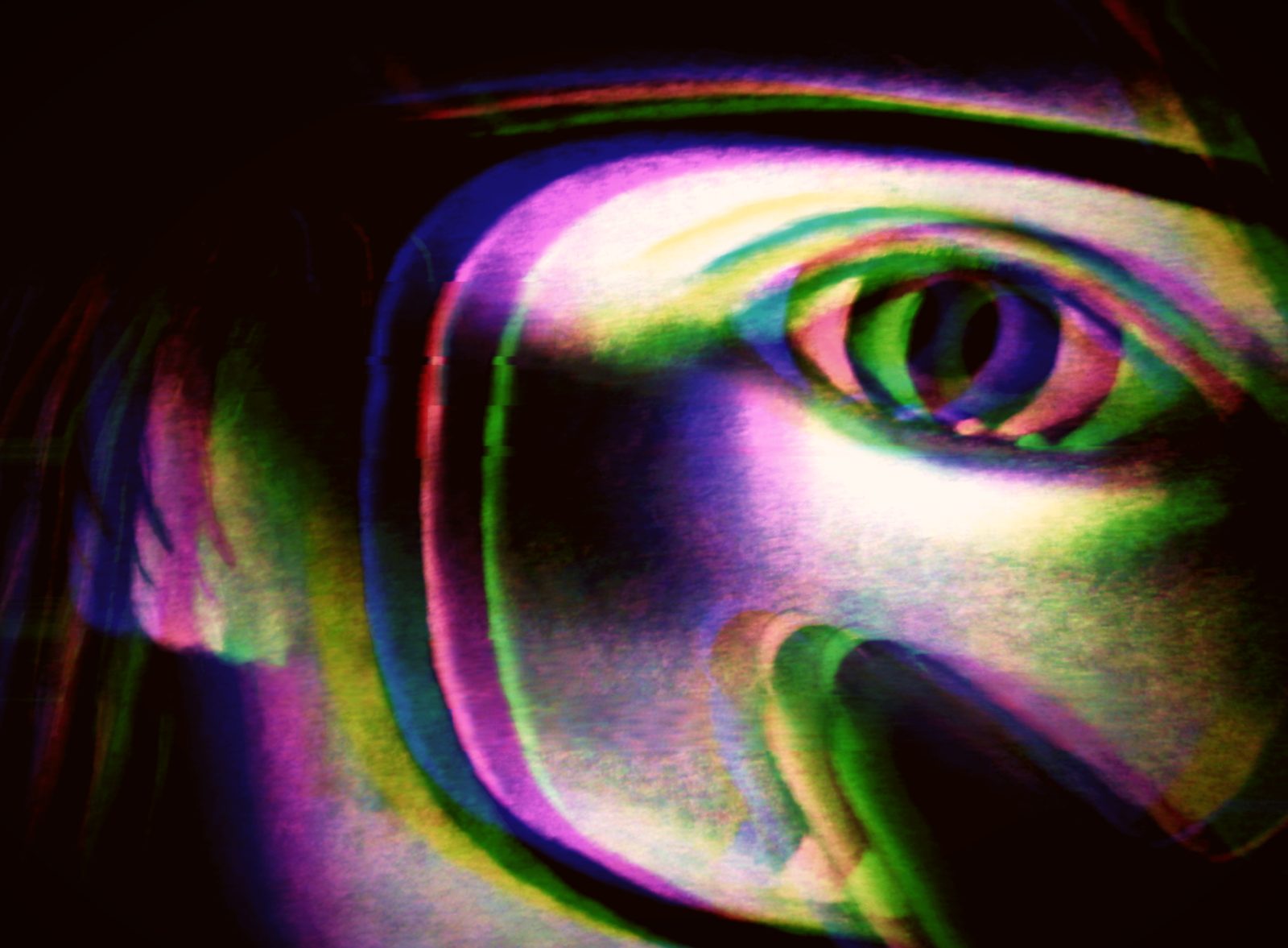 Chromatic Eye — Studio. A face broken into spectrum. The pupil is the only still thing. Light as makeup.