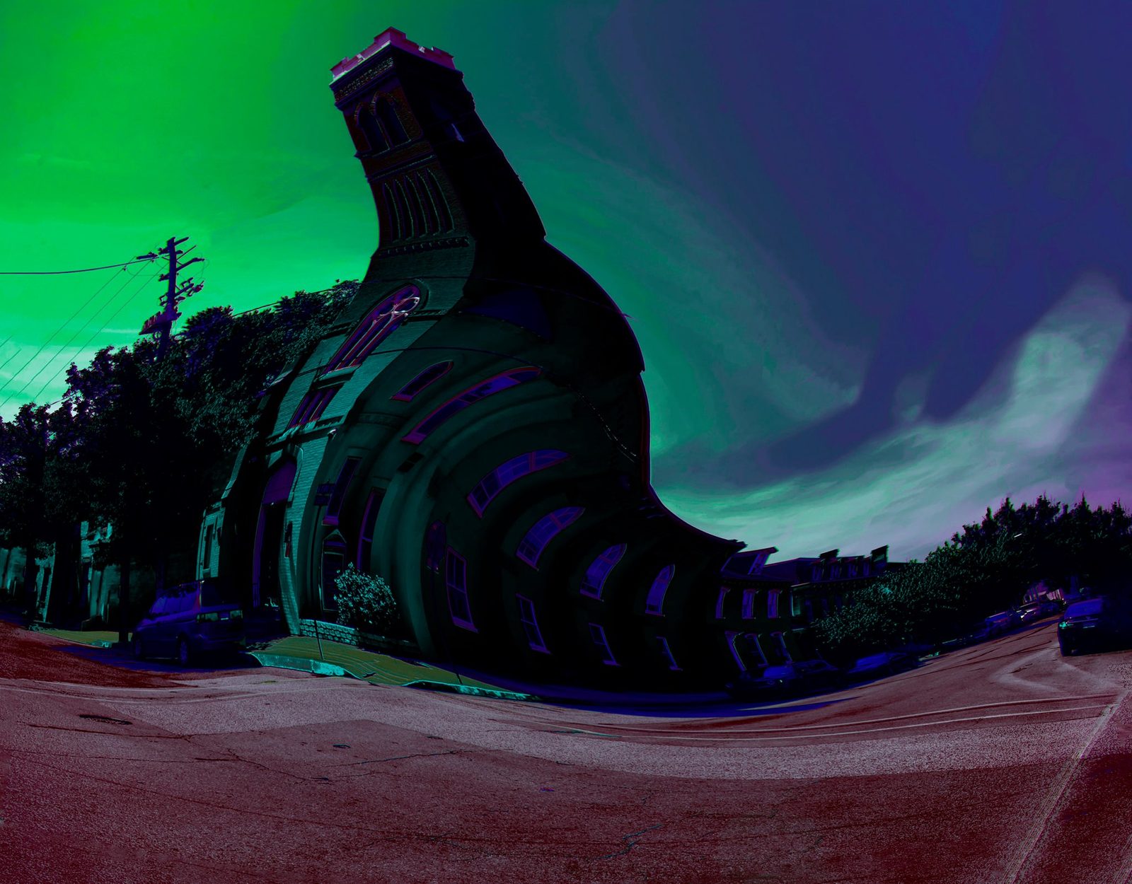 The Church That Bent — Lancaster. A brick church pulled into a curve. In-camera distortion, green sky. The building is real. The geometry is the photograph.