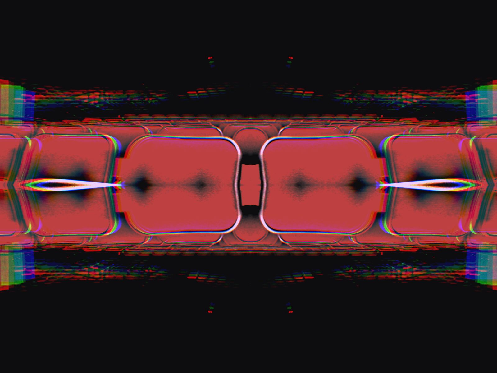 Double Red — Studio. A frame that ate itself. Mirrored red, chromatic edges. The glitch is the subject, not an accident left in.