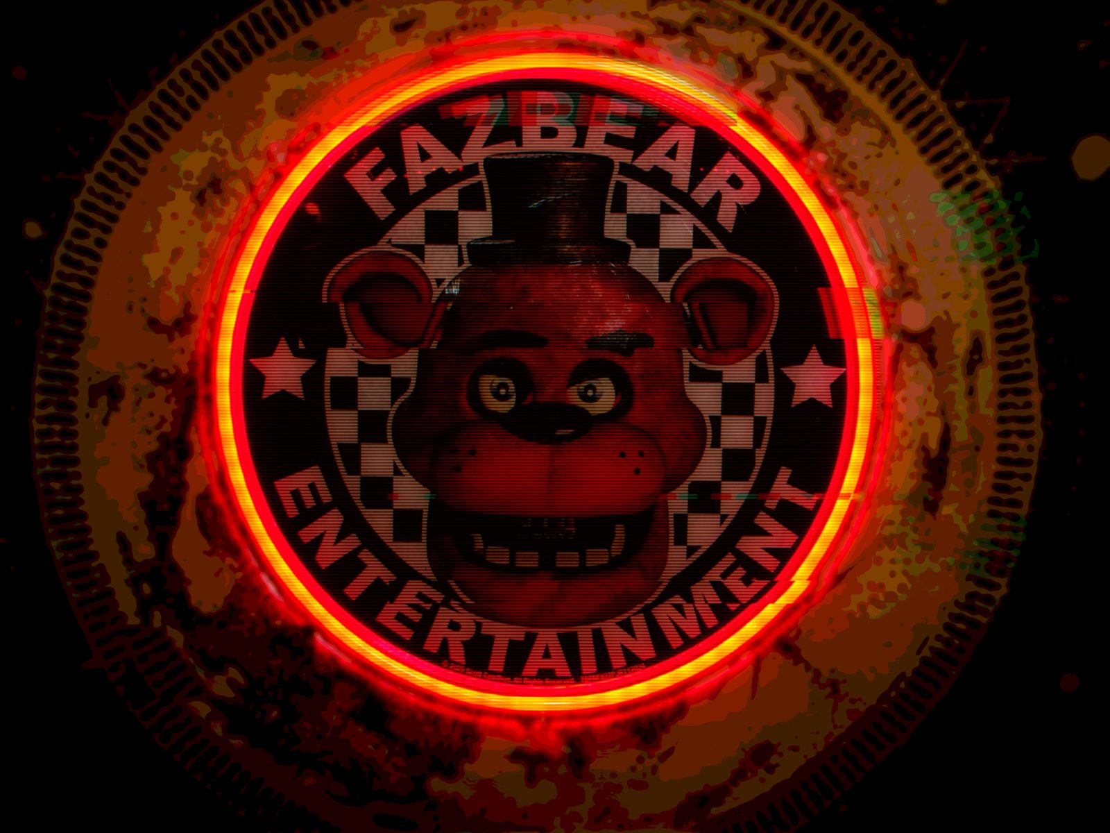 Fazbear — Studio. A neon disk, red as a wound. Pop culture treated like a shrine. Shot as an object, not a screenshot.