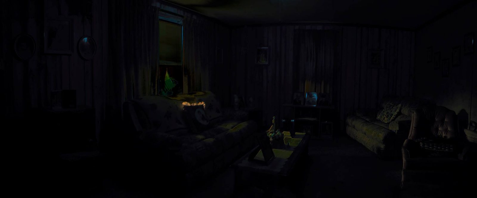 The Front Room — Lancaster County. A living room with the lamps off. Wood paneling, a couch, a window doing all the work. Domestic, and a little haunted by how still it is.