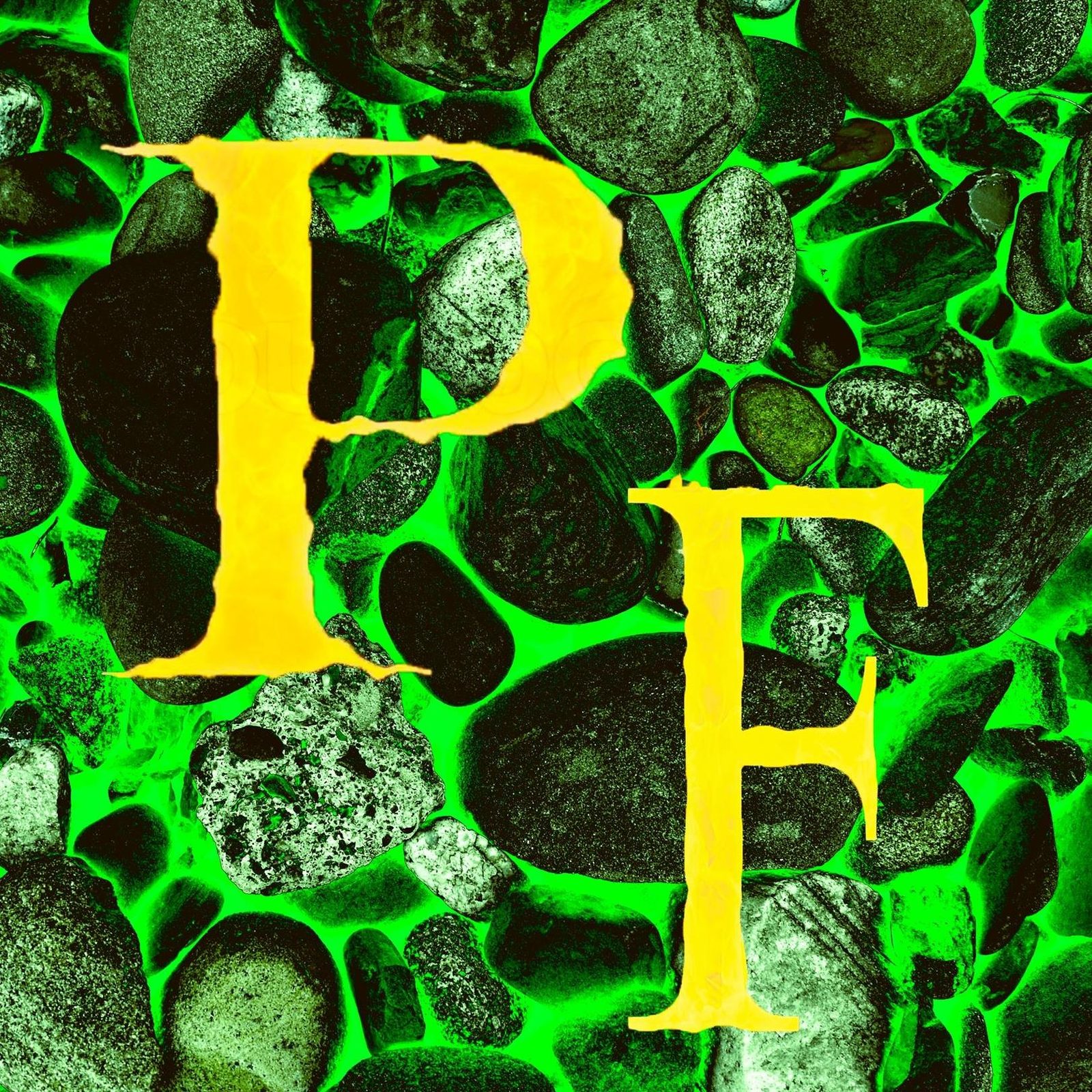 P F — Studio. The mark on the river stones. Photo Freak, spelled in gold. The brand sitting on the work.