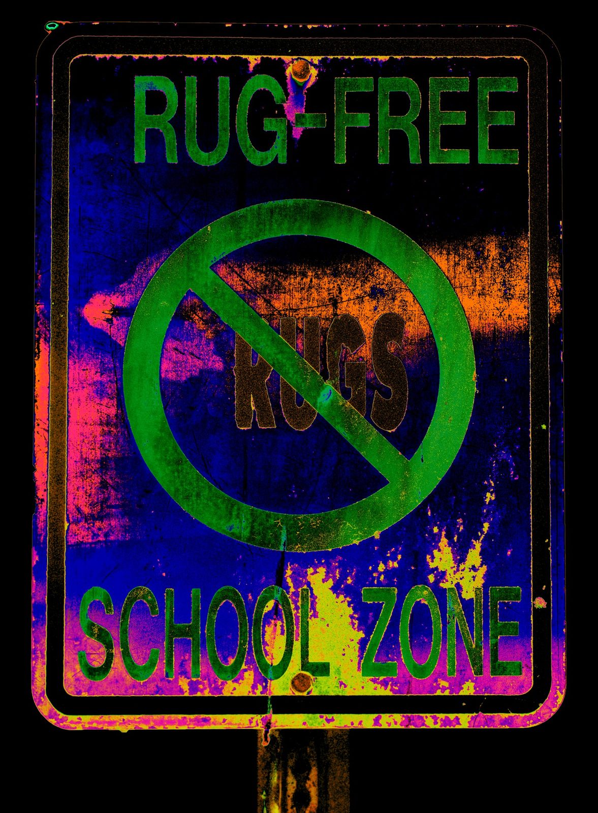 Rug-Free — Lancaster County. A school-zone sign, solarized until the rust is the color. Humor left on a post. Photographed because it was there.