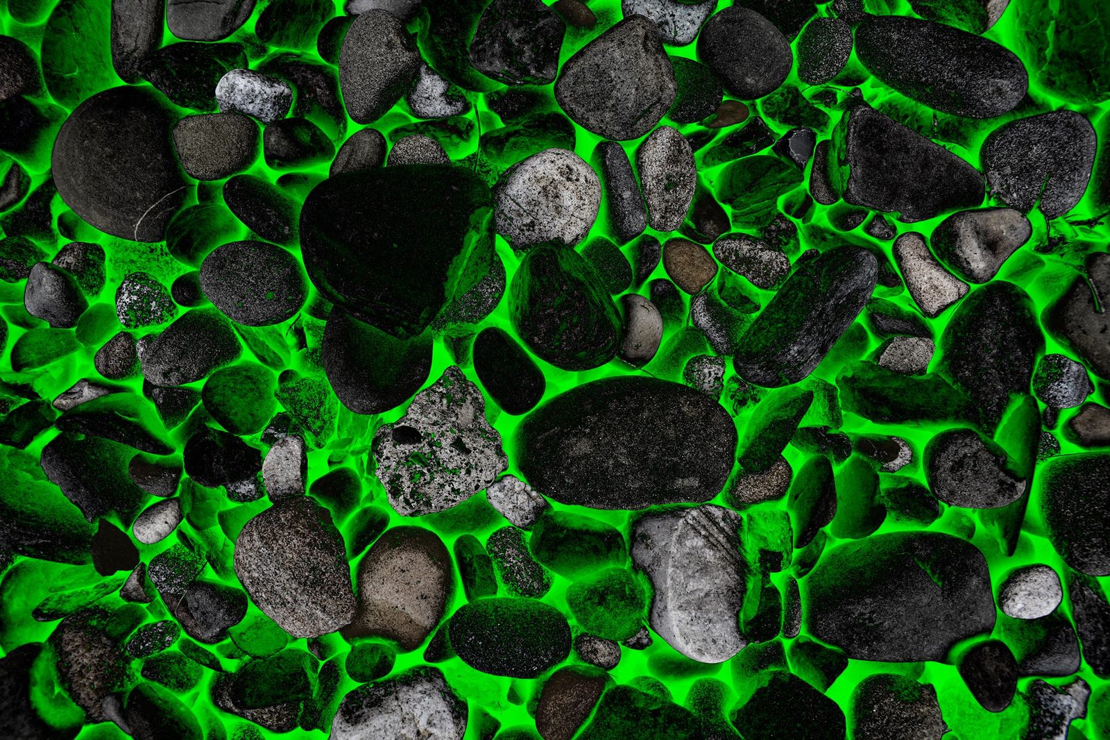 River Stones — Acid — Lancaster County. The same bed of stones, green this time. A series about what color does to weight.