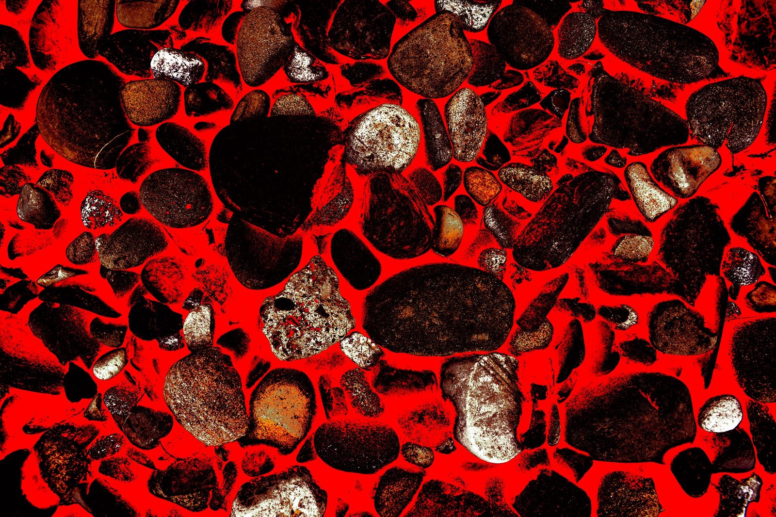 River Stones — Blood — Lancaster County. Red ground, dark stones. The most violent pass of a quiet subject.