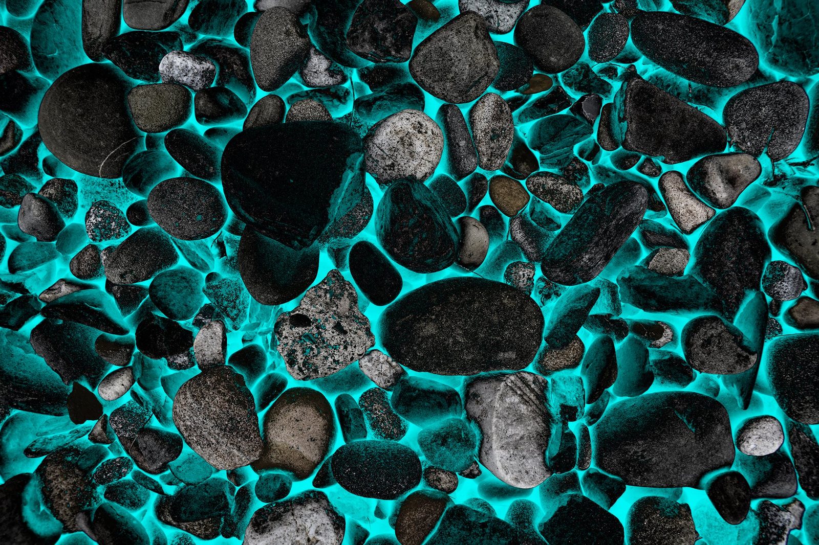 River Stones — Copper — Lancaster County. Cyan between the rocks. Cold light. The bed looking underwater even when it’s dry.