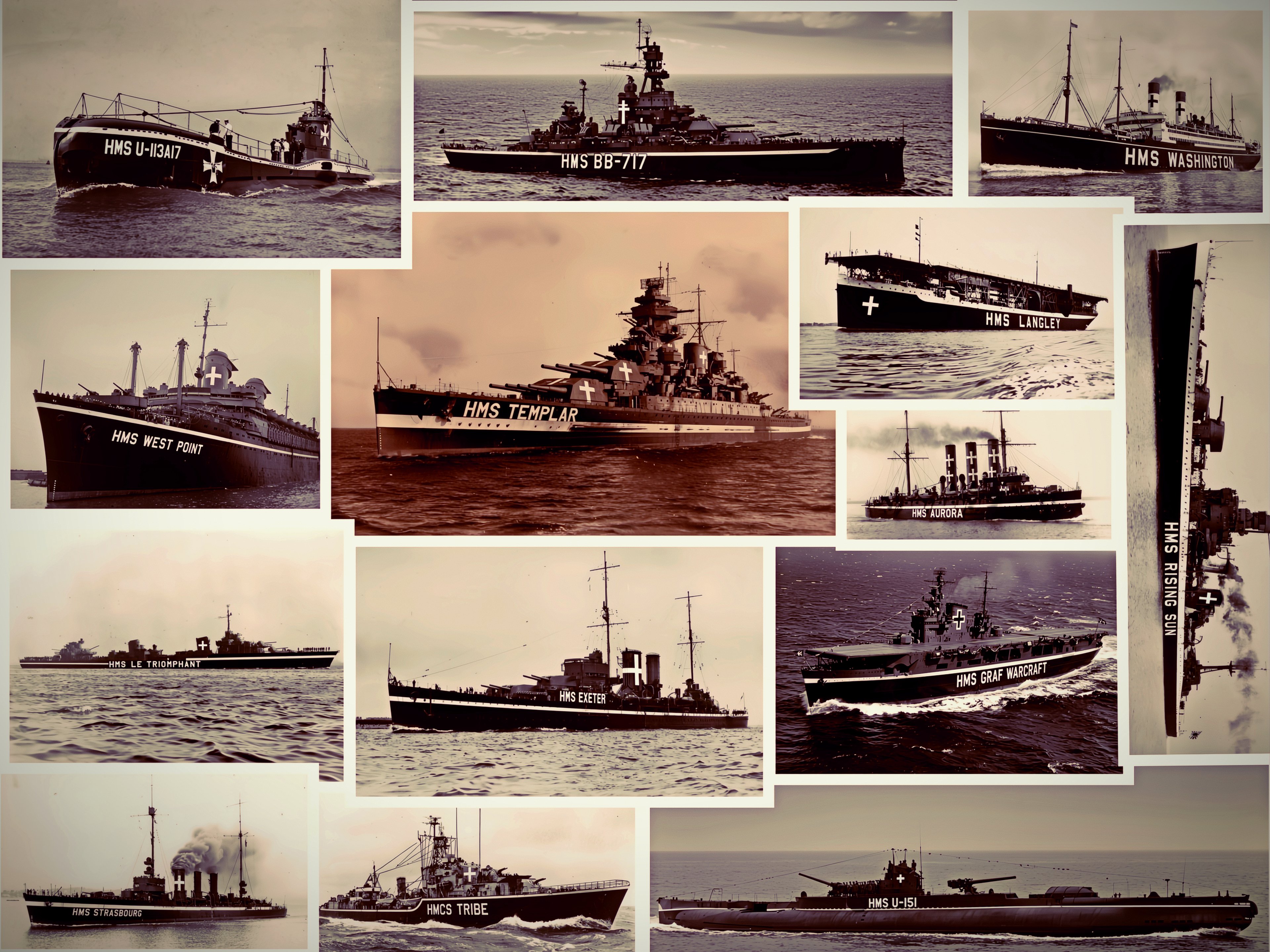 The Fleet — Digital collage and retouching. No photographs of these vessels were taken. The ships, the names, the cuts are editing work — not a day at sea.