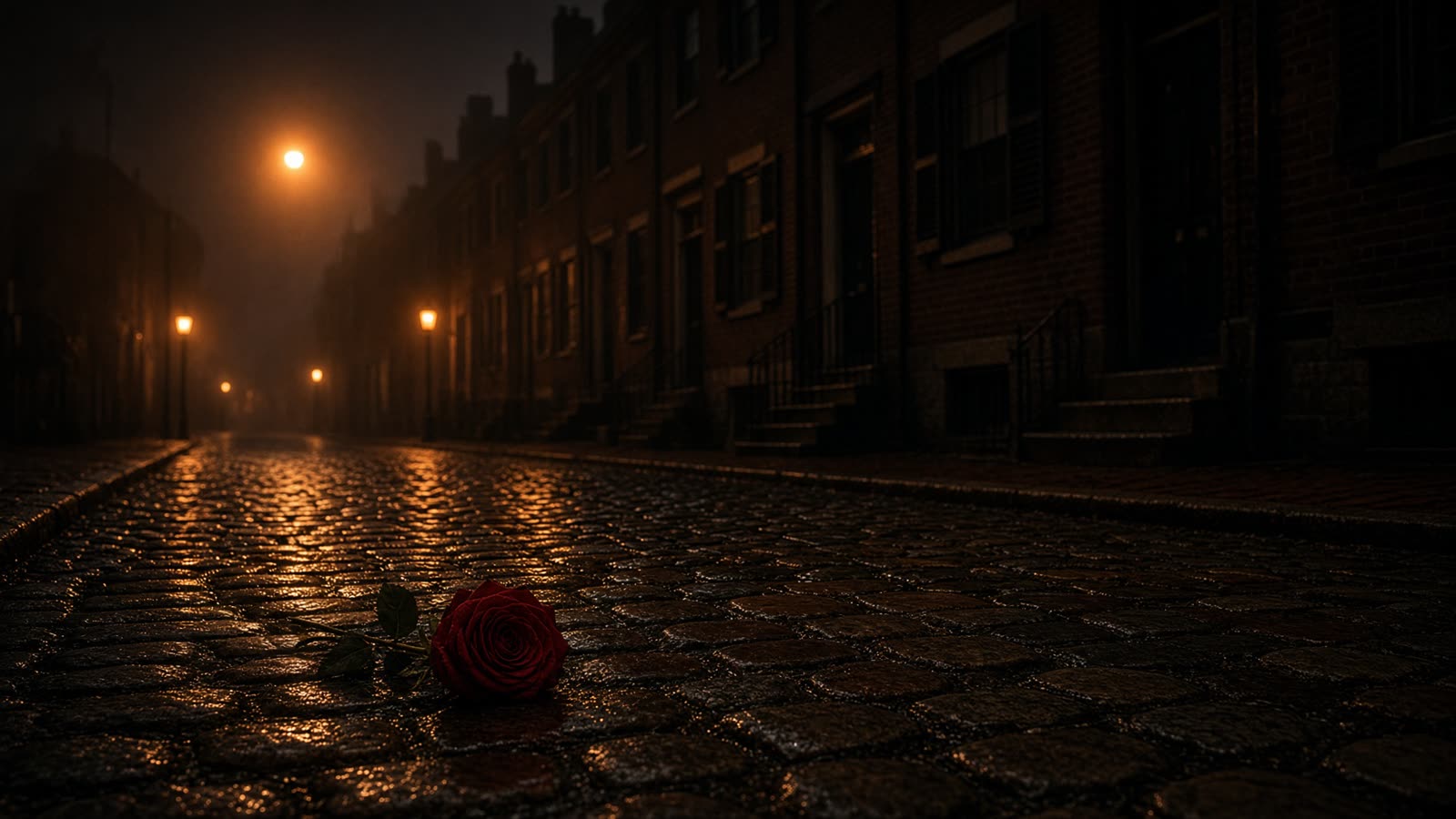 Wet cobblestone street in historic Lancaster at night, a red rose in the foreground