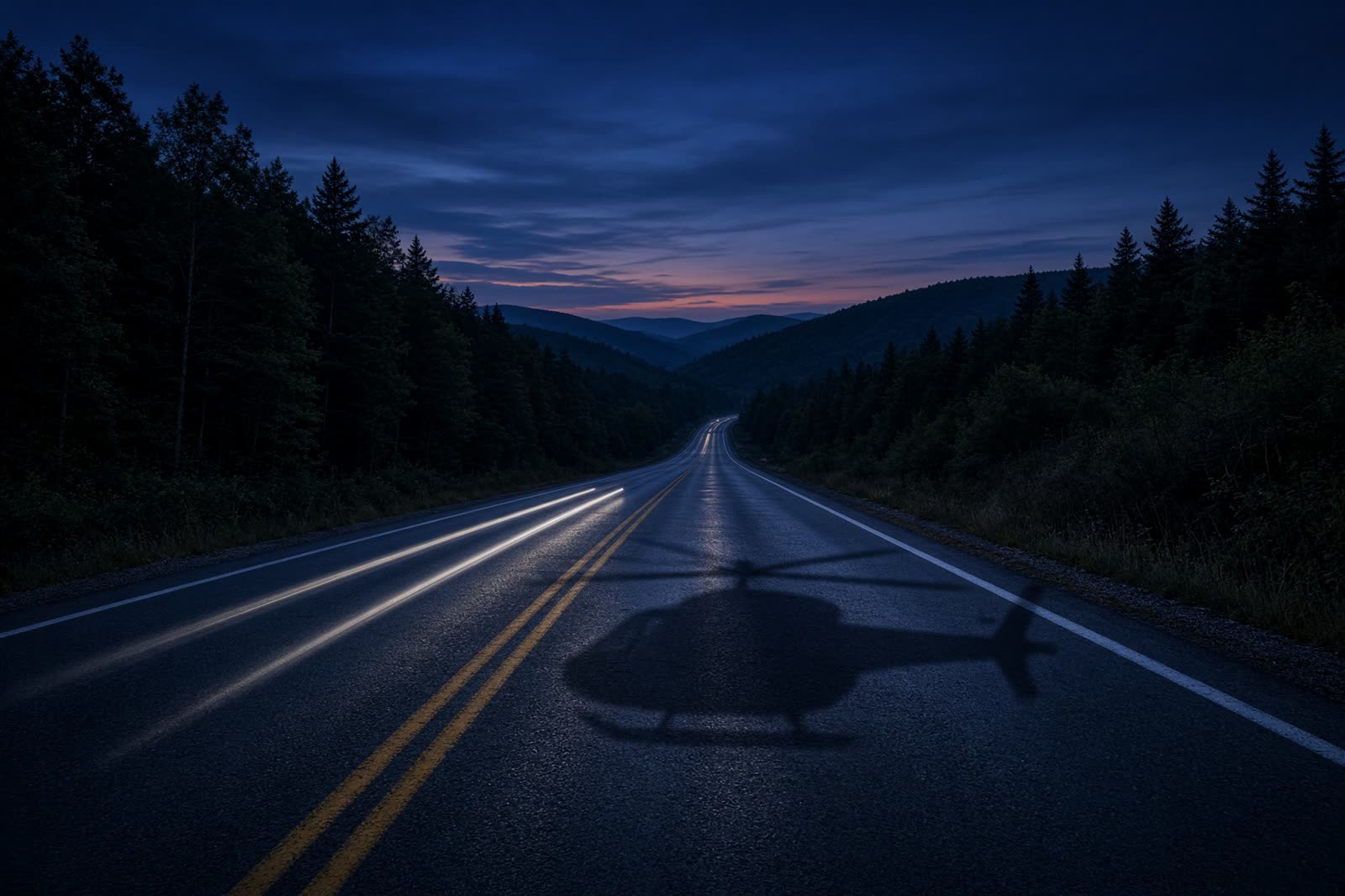 AI still: a dark highway, a single set of lights